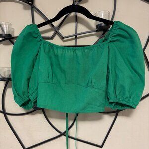 NWOT Shein Puff-Sleeve Cotton Blend Criss Cross Tie-Back Crop Top  Green 2 XS